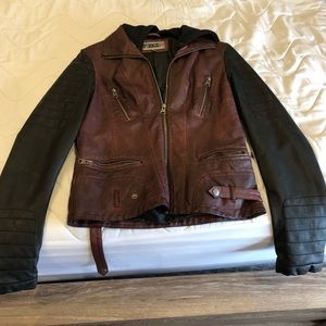 Leather jacket with hood